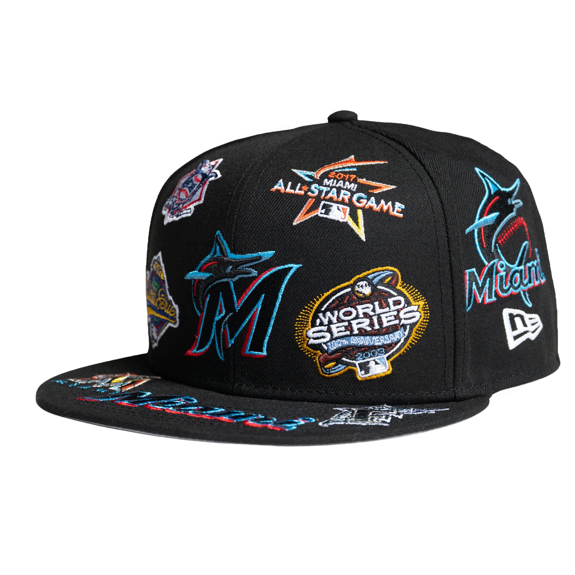 New Era 59FIFTY All Over Logos Florida Miami Marlins MLB Fitted Baseball Cap