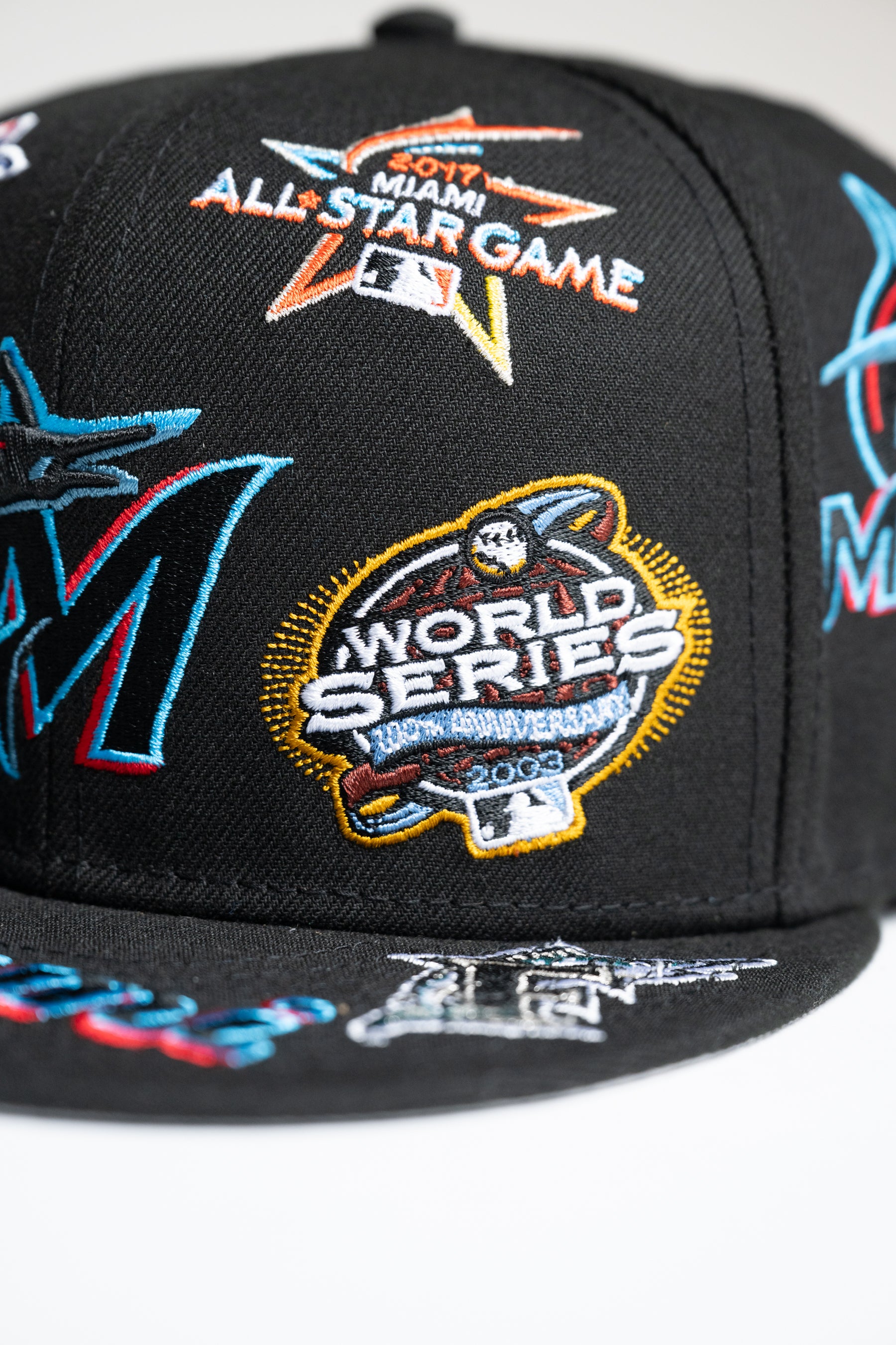 New Era 59FIFTY All Over Logos Florida Miami Marlins MLB Fitted Baseball Cap