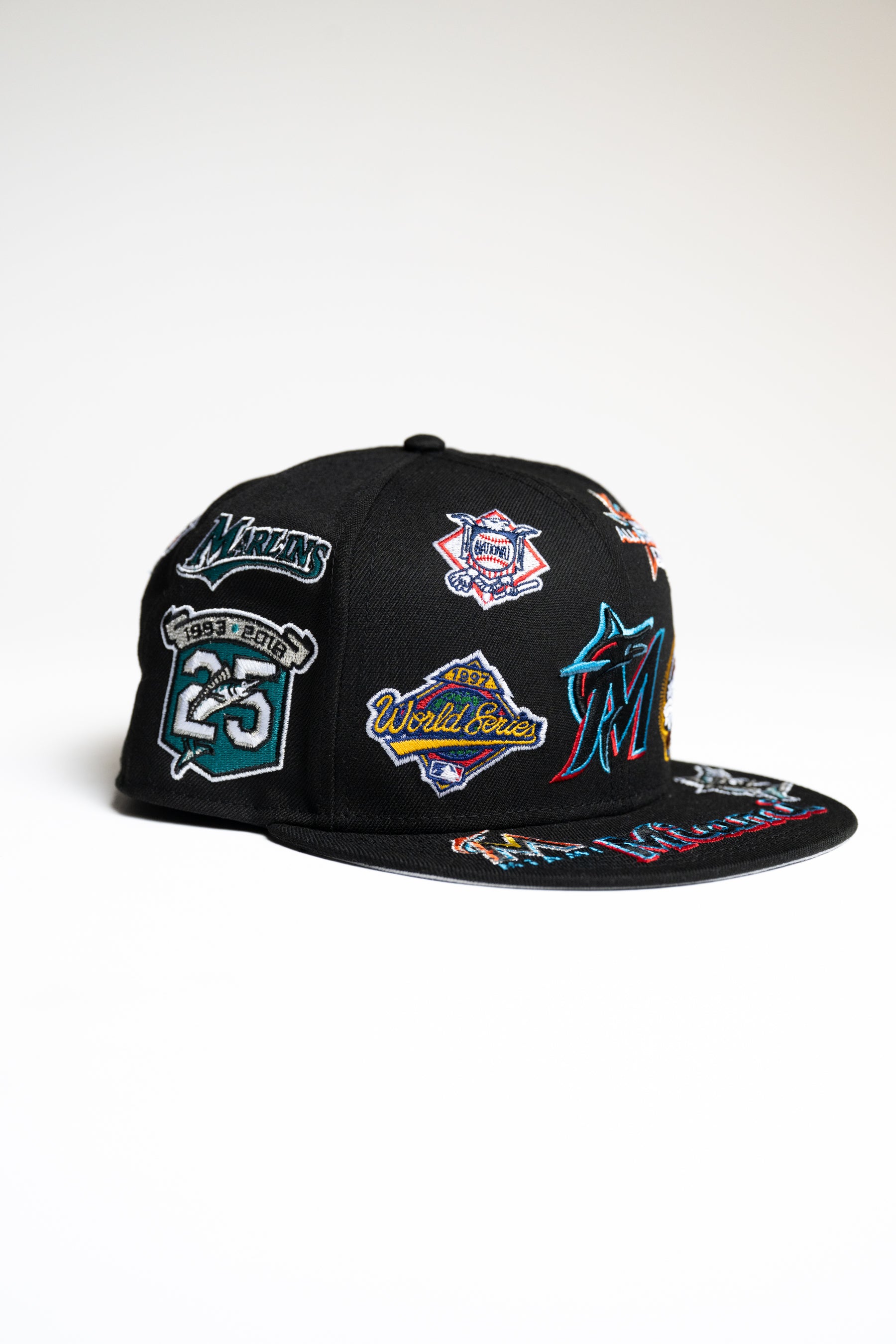 New Era 59FIFTY All Over Logos Florida Miami Marlins MLB Fitted Baseball Cap