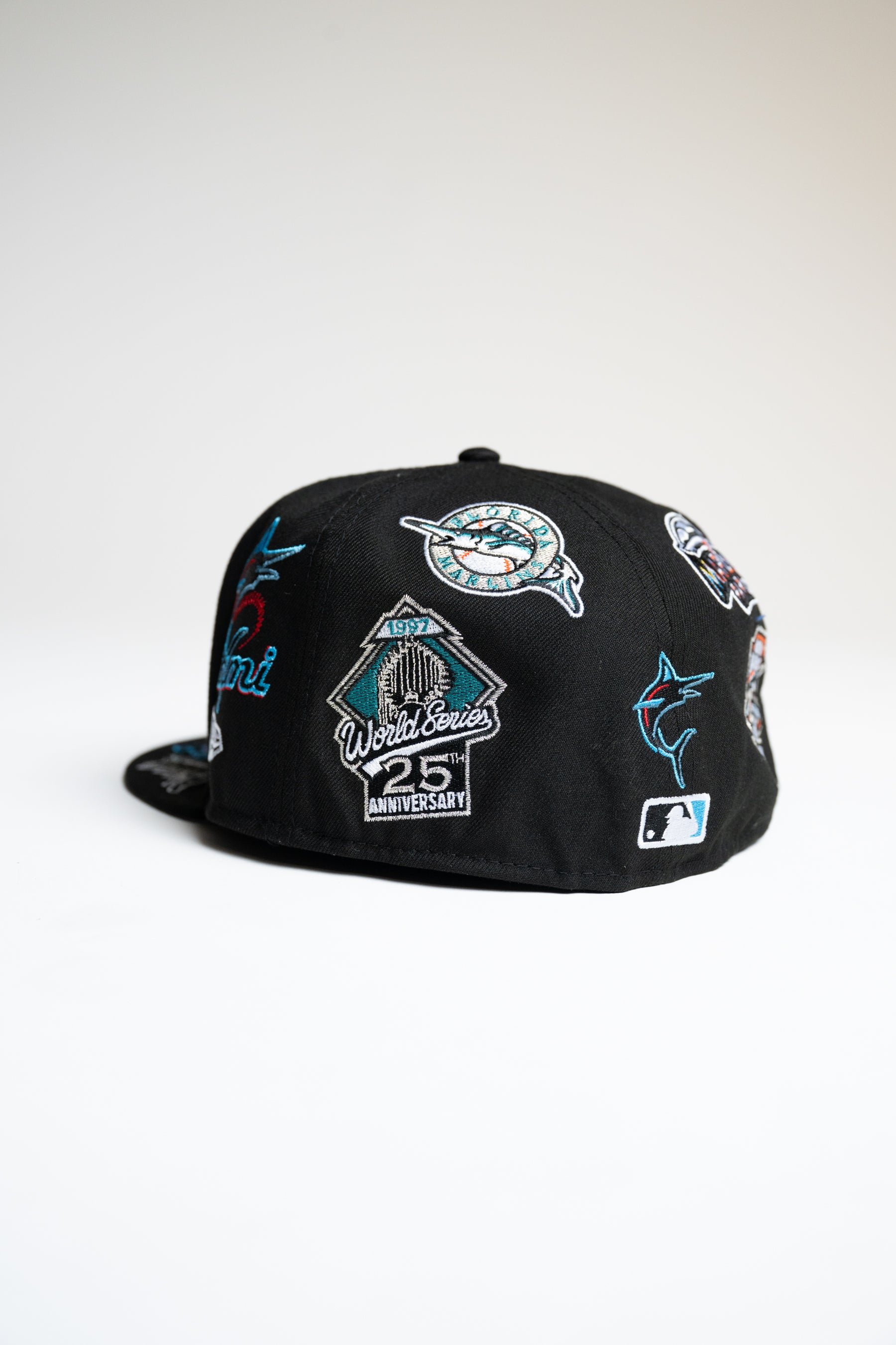 New Era 59FIFTY All Over Logos Florida Miami Marlins MLB Fitted Baseball Cap